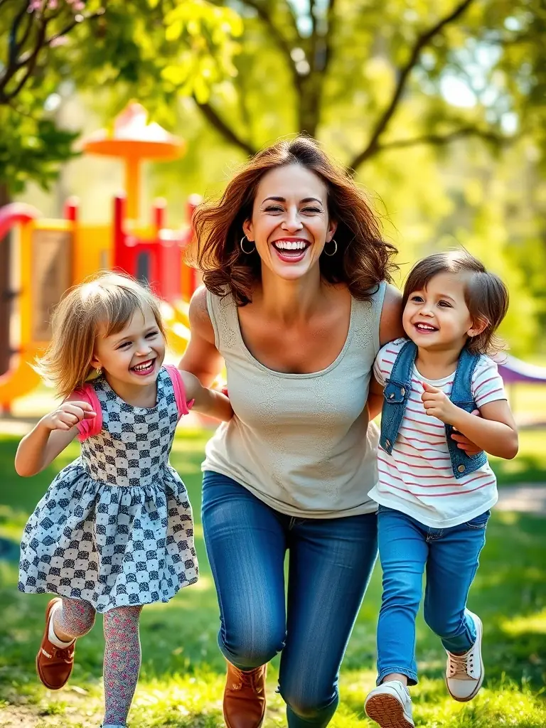 A mother happily playing with her children after a Mommy Makeover at Iboma Center, highlighting restored confidence and a rejuvenated appearance in a bright, family-friendly environment.