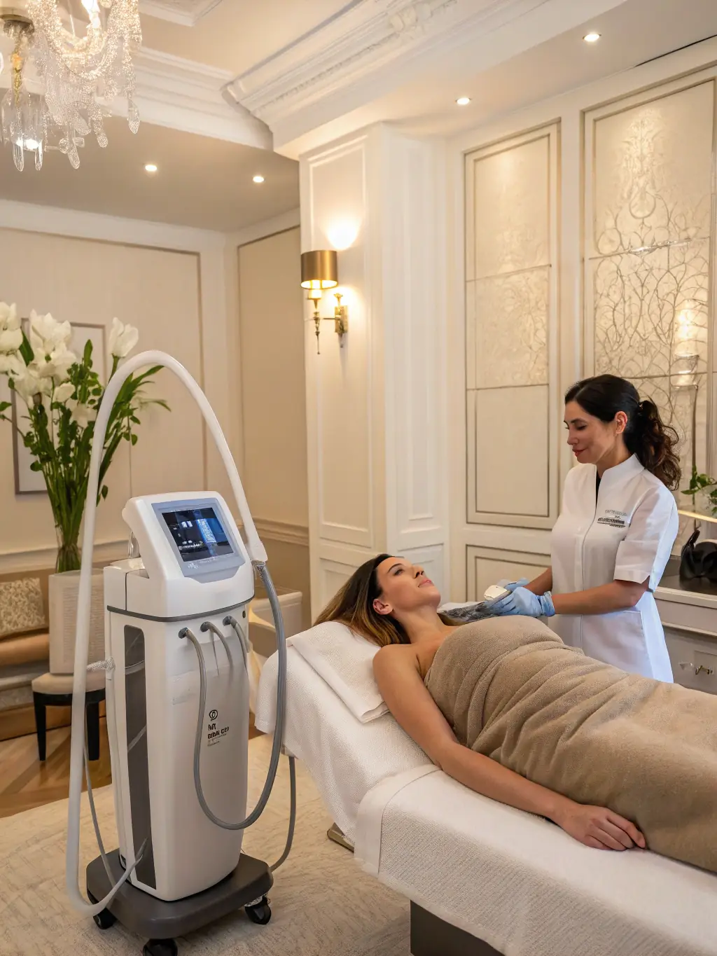 A patient post-liposuction, displaying a more contoured and toned physique, photographed in the sleek, modern setting of Iboma Center in Miami.